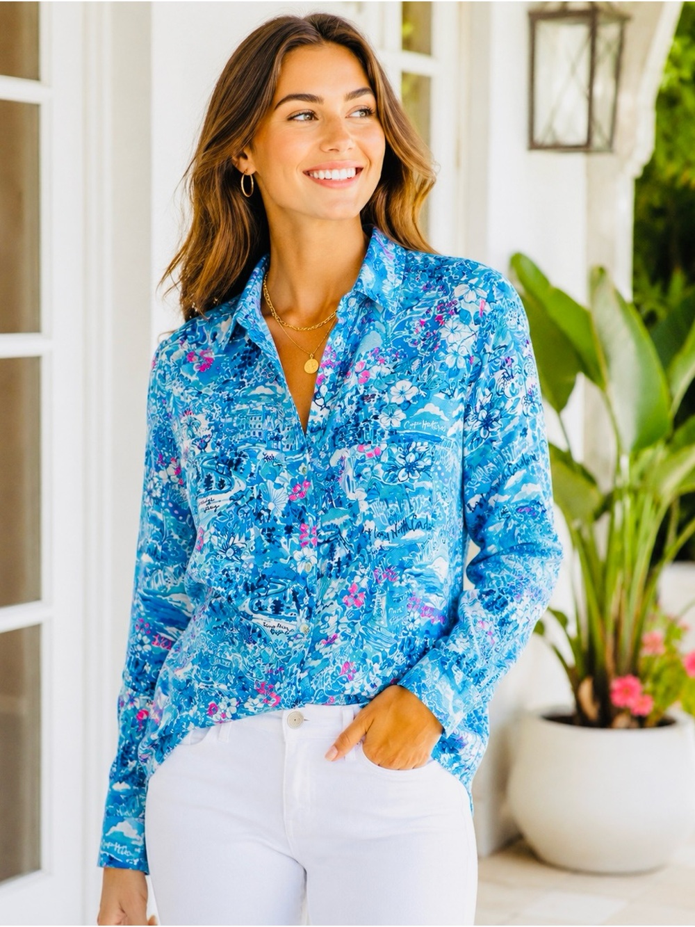 Lilly Pulitzer Sea View Button Down Blue Peri North Carolina Linen XS NWT